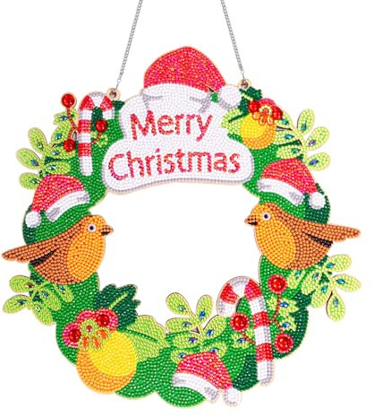 Corona de Puerta de Navidad de Pintura Diamantes 5D,Guirnalda Feliz Navideña de Pintura Diamantes Cartel Colgante de Madera,30cm/11,8 Pulgadas Kit para Hacer Coronas de Navidad Taladro Cristal Decor