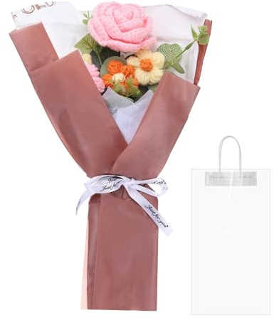 QUARKZMAN Mazzo Fiori Uncinetto, Bouquet Rose Realizzate a Mano, Fiore Artificiale Uncinetto per Festa Mamma Compleanno, Bouquet Laurea, Rosa