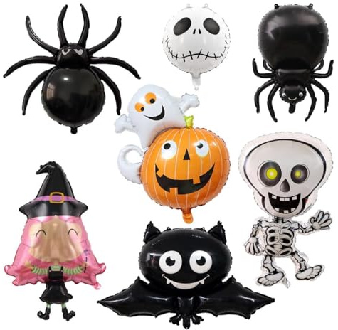 Jxuzh Folienballon Halloween Dekoration Set 7 Stück Luftballons Riesen Folienballon Spinne Kürbis Fledermaus Geist Hexe Skelett Grusel Party Deko