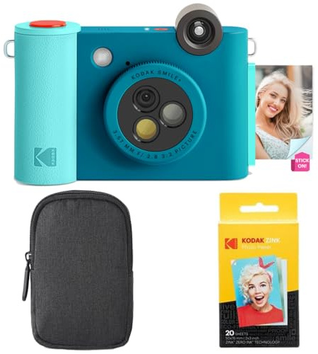 KODAK Smile+ 2-in-1 Digital Instant Camera & Photo Printer Starter Bundle - Case + Zink 20pk Paper - 10MP, Rotating Lens - Blue