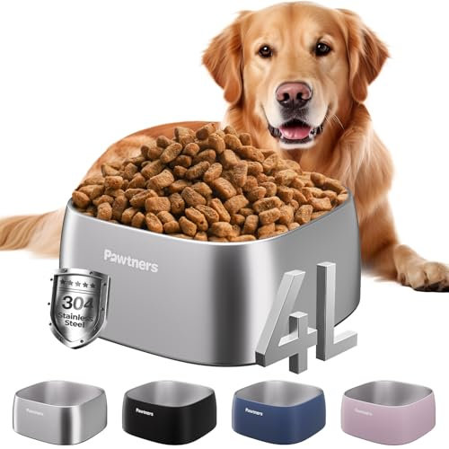 Pawtners 4L Large Stainless Steel Dog Bowls, Dog Water and Food Bowl for Large Breed Dogs with Non-Slip Base, Metal Pet Bowls Easy to Clean, Dishwasher Safe, 135oz (Silver)