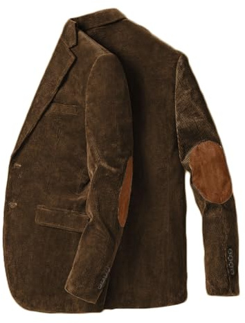 Stillluxury Giacca blazer con toppa al gomito per uomo monopetto in velluto a coste casual cappotto sportivo con risvolto tacca smoking da sposa, Grigio e marrone., 3XL