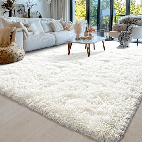 Hochflor Teppich Wohnzimmer 140x200cm, Creme Fuzzy Shaggy Flauschiger Teppich für Schlafzimmer Teppiche, Modern Plüsch Wohnzimmerteppich Bettvorleger High-Pile Carpet rutschfest für Kinderzimmer