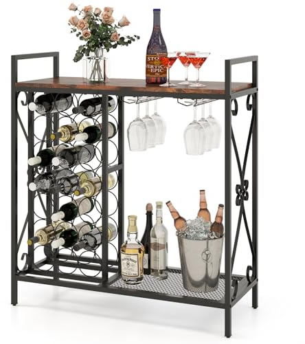 COSTWAY 21 Bottle Wine Rack, Freestanding Floor Wine Bottle Organizer with Glass Holder, Mesh Shelf, Adjustable Footpads & Anti-toppling Device, Metal Frame Liquor Stand Bar Table Drink Cabinet