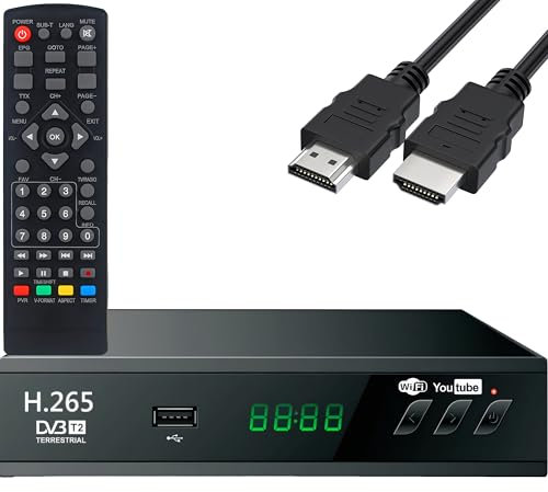Retoo Ricevitore digitale DVB-T2 HD con H.265 HEVC, ricevitore digitale con HDMI, SCART, funzione di registrazione PVR, Timeshift & USB, sintonizzatore TV Full HD per TV via cavo, telecomando e cavo
