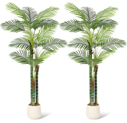 Palm Artificial Tree 6ft Tall Tropical Palm Tree UV Resistant Fake Tropical Golden Cane Palm Tree, Large Faux Palm Plants for Indoor, Outdoor, Patio, Poolside, Lawn, Porch and Home Office Decor, 2Pcs