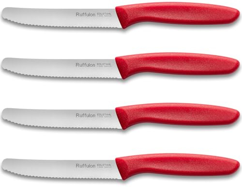 Ruffulon Rot Messer Set, Frühstücksmesser 4 Stück,Spülmaschinenfest | Tomatenmesser aus 11cm Edelstahl Klinge,Polypropylengriff,Schneidemesser mit Wellenschliff,Vespermesser für Haus&Restaurant