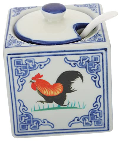 Mobestech Ceramic Salt Container and Kitchen Spice Jar Rooster Design Blue and White Porcelain Decorative Salt Jar for Restaurant and Home Use