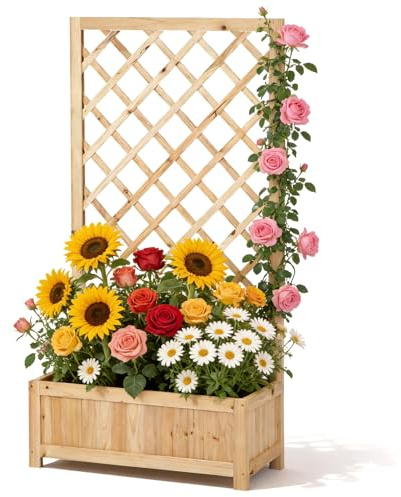 Bancal alto con enrejado de madera, jardinera con ayuda para plantas trepadoras, arriate vertical para flores, verduras y hierbas, jardinera para balcón, terraza y jardín, altura 120 cm