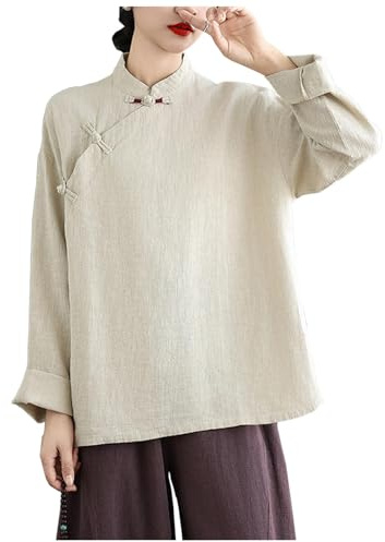 DAYKET Tenue de Kung Fu en Coton et Lin pour Femme, Uniforme d'arts Martiaux Chinois, Tenue de Méditation, Chemise à Manches Longues et Pantalon,Apricot-XL