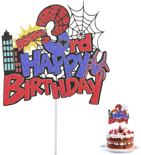 Spider Joyeux Anniversaire Tortenaufsatz, Paillettes Durables Fournitures Décoration Gâteau d'Anniversaire Sur Thème Dessin Animé d'Araignée Rouge et Bleue für Garçons Filles (Numéro 3)