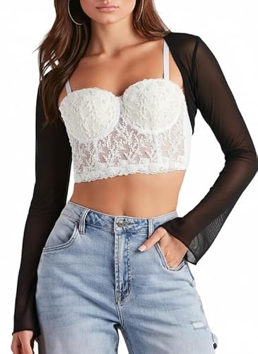 Sukiglam Women's Bolero Shrugs Flared Long Sleeve Sheer Mesh Shrug Elegant Open Front Crop Top Ladies Lightweight Cardigan Party Cover Up Casual Going Out Shrugs Perfect for Dresses Tops Black