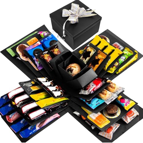 DIY Explosion Gift Box, 5 Layer Snack Surprise Gift Box Explosion with Tape and Ribbon, Scrapbooking Gift Boxes, Photo Album, Photo Gifts, for Anniversary Festival Record Memories (Black)