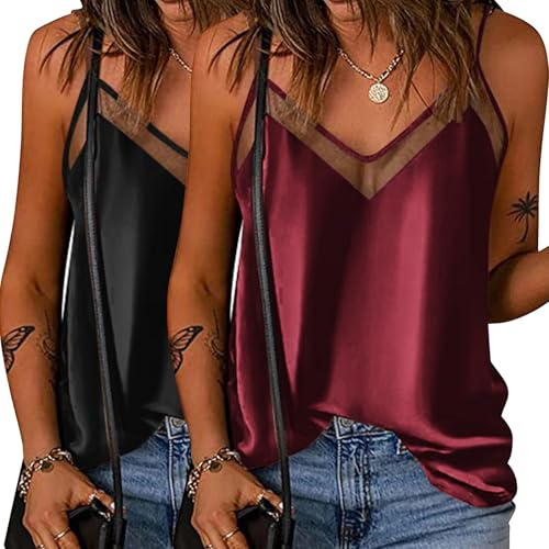 Ekouaer 2 Piezas Camisola de Satén de Seda para Mujer Top de Malla Blusa de Satén de Tirantes Cuello en V Elegante Strappy Top, L