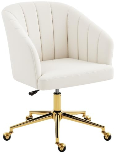 HOMCOM Schreibtischstuhl Höhenverstellbar mit Goldenem Gestell Creme | Samtoptik, Drehbare Rollen, Gesteppte Rückenlehne, Bis 120 kg, Bürostuhl, Drehstuhl, Schminktischstuhl für Schlafzimmer