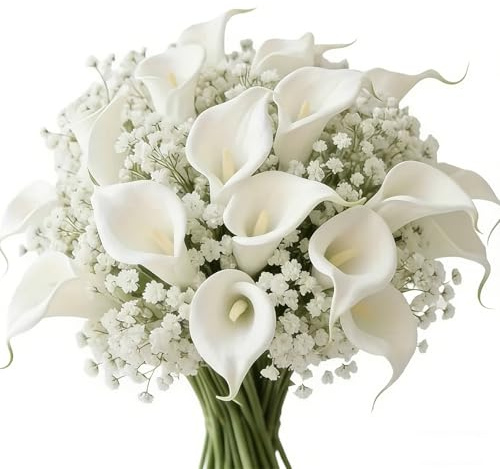 hocadon Kunstblumen Weiß, 20 Stück Schleierkraut & 10 Stück Calla Lily | Künstlich, Blume Brautstrauß, Fake Blumen, Für Hochzeit, Party, Zuhause Tischdeko