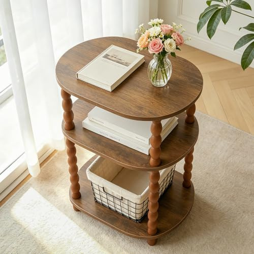 Wooden Side Table,3-Tier Small End Table with Storage Shelf, Vintage Retro furniture Bedside Coffee oval Table Night Stand for Living Room, Bedroom, Office and Small Spaces oak Black (Rustic Walnut)