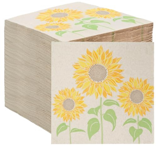 Table Kind 100 x Soft Recycled Paper Napkins, 2ply, 33cm, Sunflower Floral Napkins with Sunflowers, Disposable Party Serviettes for Weddings, Tea Parties, Kraft Unbleached, Home Compostable
