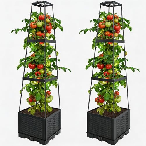 2PCS Raised Garden Bed with Trellis, 114cm Height Adjustable Self-Watering Tomato Planter Boxes, Detachable Planting Trelli Box, Tomato Climbing Support for Indoor Outdoor Use