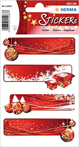 HERMA 15063 Weihnachtssticker, Geschenketiketten Rot (8 Aufkleber, Papier, glitzernd) selbstklebende Weihnachtsdeko, permanent haftende Etiketten für Weihnachten, Geschenke, Basteln, Adventskalender