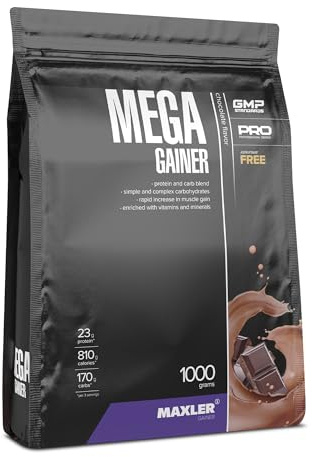 Maxler Mega Gainer - Weight Gainer zum Muskelaufbau - Schokolade - 1000g - Kombination von Eiweiß, Kohnelhydraten, Vitaminen & Mineralien - 10%-Anteil von Molkenprotein - kalorienreicher Shake