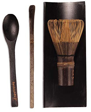 BambooMN Matcha Whisk Set - Chasen (Tea Whisk), Black Tray, Chashaku (Hooked Bamboo Scoop), Tea Spoon - 2 Sets