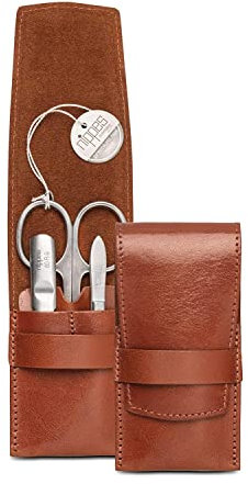 nippes Solingen Maniküre Set Whiskey, Praktisches Taschenformat, 3-teilig, Edelstahl rost- und nickelfrei, Rindleder-Etui in Braun, Nagelschere Set, Made in Solingen/Germany