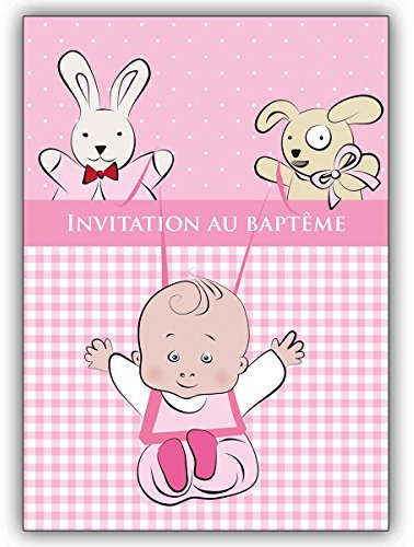 10 Stück Set: Süße französische Einladungskarte zur Taufe mit rosa Vichy Karo und Stofftieren • hübsche Baby Party Karte, Einladungs Klappkarte um Verwandte und Freunde einzuladen