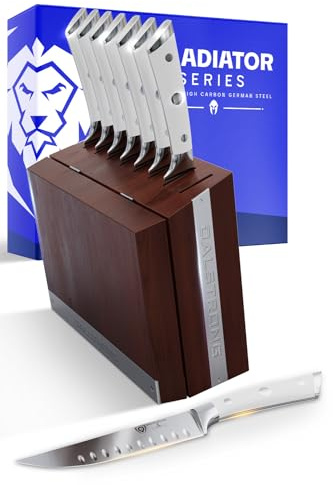 DALSTRONG Steak Knife Set with Folding Block - 8 Pc - Gladiator Series - 5 Straight Edge Blade - Forged High-Carbon German Steel - w/Modular Storage Block - Glacial White ABS Handle - NSF Certified
