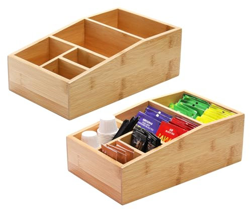 Dicunoy 2 Pack Bamboo Tea Bags Organizer, Wood Coffee Supplies Holder Box, Coffee Condiment Station Storage with 5 Compartments for Sugar Packet, Stirrer, Creamer Singles, Sweetener