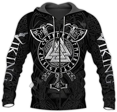 YABEME Unisex Wikinger Herren Hoodie, Nordischer Mythos 3D-Gedruckter Odin Thors Hammer Valknut Full Zip Casual Jacke, Harajuku Streetwear Pullover