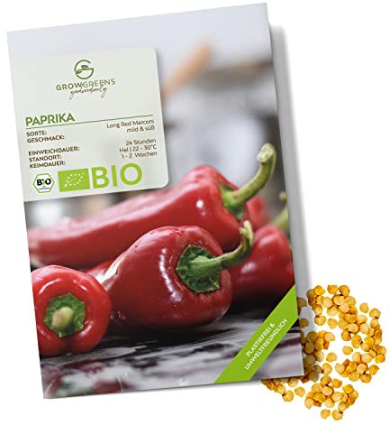 BIO Paprika Samen (Long Red Marconi, 10 Korn) - Rote Paprika Saatgut aus biologischem Anbau ideal für die Anzucht im Garten, Balkon oder Terrasse