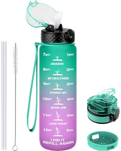 GOPPUS Borraccia in Tritan da 1000 ml, con cannuccia, a prova di perdite, con misurazioni, borraccia sportiva con tappo ribaltabile con chiusura a chiave, con tacche orarie, per scuola, adulti