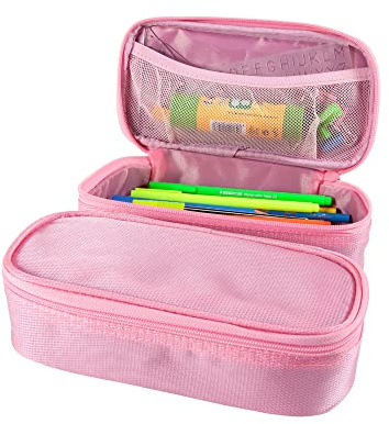 SUMMIT Large Pink Pencil Case, Zippered Stationery Organiser with Two Pouches for Students at School, College, Home, and Art with Big Capacity for Pen Storage