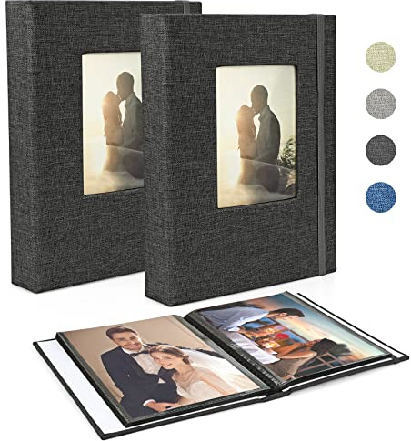 Klein Mini Leinen Fotoalbum 13x18, 2 Packungen mit je 26 schwarzen Seiten und 52 Fotos - Einsteckalbum für Baby, Valentinstag und Geburtstage