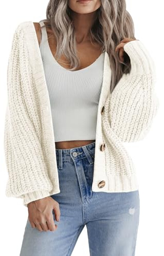 Hotouch Cardigan Femme Court Tricot Col en V Patte De Boutonnage Pull Ouvert Élégant Décontracté Épaule