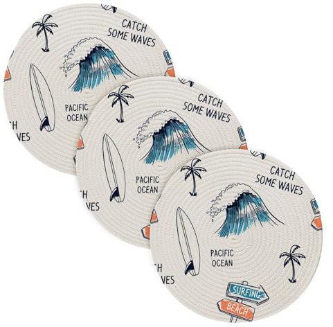 Topfuntersetzer, Surfbretter, Palmen, tropische Bäume, Wellen für heiße Töpfe und Pfannen, 38,1 cm, Baumwollgarn, gewebt, absorbiert Wasser, Topflappen für Herd, Heimdekoration, 3 Stück