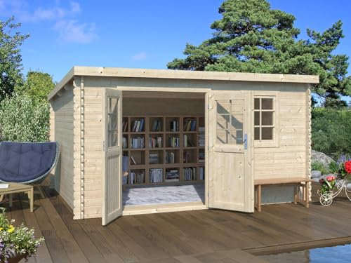 Woodtex Blockbohlenhaus | 28 mm Wandstärke | BxTxH: 398 x 309 x 204 cm | Doppeltür mit Echtglas | Sockelmaß: 398 x 298 cm | Fichte | Naturbelassen | wetterfest