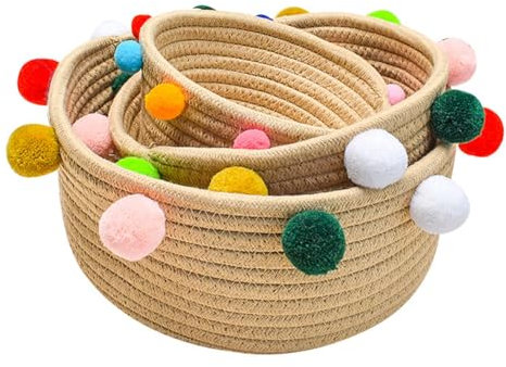 Wisafory 3 Stück Aufbewahrungskorb mit Bunt Pompons Baumwollseil Geflochten Aufbewahrungsbox Baumwolle Organizer Korb Spielzeugkorb Gewebte Baumwollseilkorb für Kinderzimmer Büro Khaki