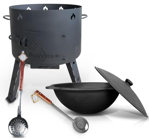 Utschak - Hornillo de hierro fundido con tapa (22 L, KazanoFF, Учаг, exterior, brasero, camping, kazán, cañón de goulash, horno holandés (Set 3)