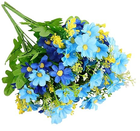 VINTORKY 3 Stück Künstliche Chrysanthemensträuße Blau aus Kunststoff mit 28 Blütenköpfen Realistische Dekoblumen für Zuhause und Hochzeit Deko