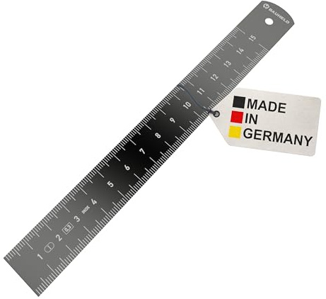BAUHELD Metall-Lineal 150mm [Made in Germany] - Genauigkeitsklasse 1 - Maßstab in Zoll und Zentimeter [15cm] - Stabiles Anreißlineal aus eloxiertem Aluminium - 15 cm Messstab mit Aufhängelochung