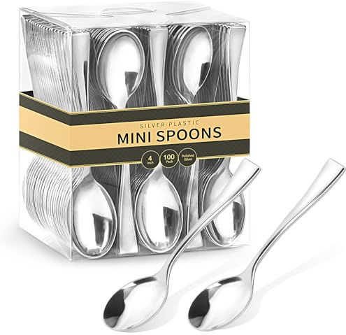 Qeirudu 4 Inch Silver Plastic Mini Spoons, 100 Pack Heavy Duty Small Tasting Spoons for Party Dessert Shooters, Appetizers, Ice Creams, Food Samples, Puddings