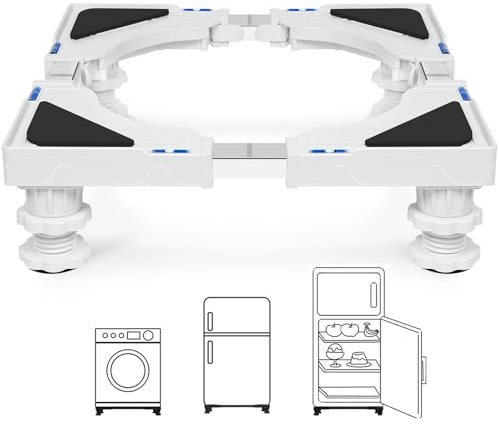 Humagineer Soporte Lavadora Secadora con 4 Patas Suspendidas con Cierre, Ancho Regulable 40-62cm y Altura 10-12.5cm, Base para Lavadora Alta Carga 200KG, Base de Muebles y Exterior, Blanco