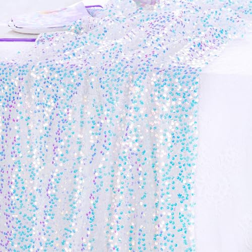 Meerjungfrau Geburtstag Deko Tischläufer Pailletten Weiß Tischdeko für Geburtstag Hochzeit Party Weihnachten Ostern 63 x 300 cm