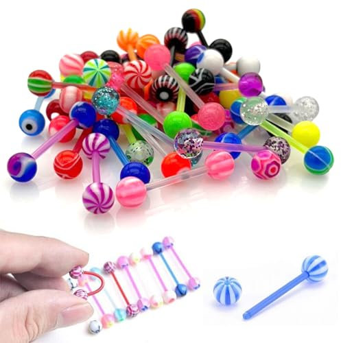 JEXOWIQ 30 pcs Zungenpiercings,Zungenpiercing Set,Acryl-Zungenpiercing, Flexibel Plastik,gerade Barbells Körperpiercing,mit Acryl Kugel 16mm Barbell Piercing Zunge,für Damen und Herren