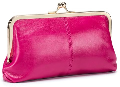 Karoukee Echtleder Große Geldbörse für Frauen, Vintage Damen Kuss-Schloss Portemonnaie, Elegante Handy Geldbeutel mit Reißverschluss Münzfach, Goldene Hardware, Helles Rosa