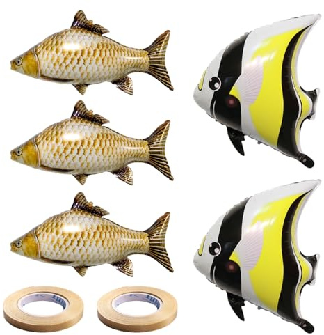 TYFGRT 3 Ballons De Carassin Et 2 Ballons De Poisson Faucille, Équipés De 2 Rubans Dorés, De Ballons De Poisson Simulés, De Ballons en Aluminium, De Ballons De Fête