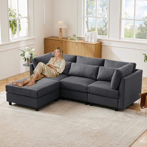 Wyibwy 3-Sitzer-L-förmiges Ecksofa mit Fußstütze, Dreisitzer-Sofa, modernes Design, gepolsterte Möbel, Sofa mit Schlaffunktion, 220 x 83 x 81 cm, Grau