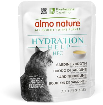 Almo Nature HFC Hydration Help - Wet Cat Food - Sardines Broth with Sardines - Urinary Support - Human-Grade, Gluten-Free, Monoproteic - 50g (Pack of 24)